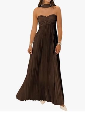 Women Formal Bridesmaid Dress w/Scarf Strapless Pleated Satin, Size Small
